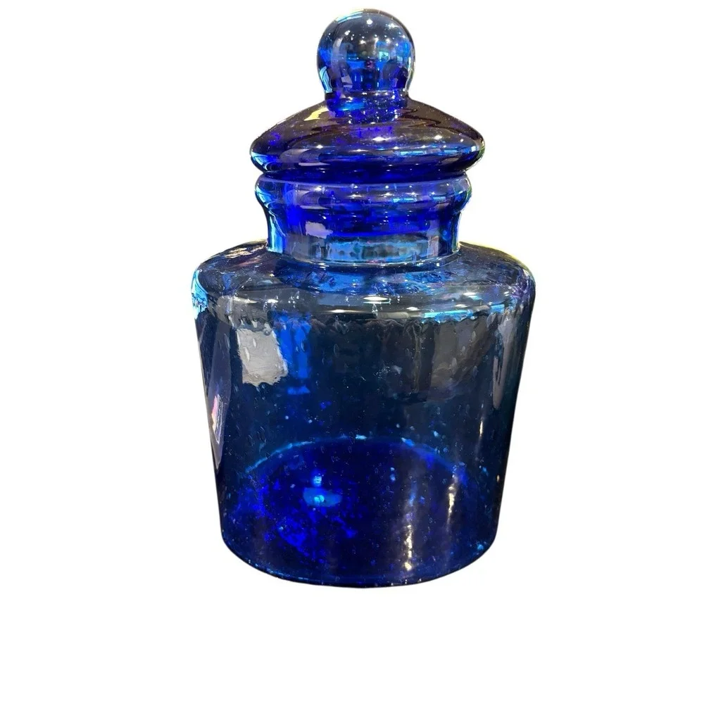 Mid Century Apothecary Jar Canister with Lid Blue Bubble Glass Hand Blown 10" - Picture 3 of 9